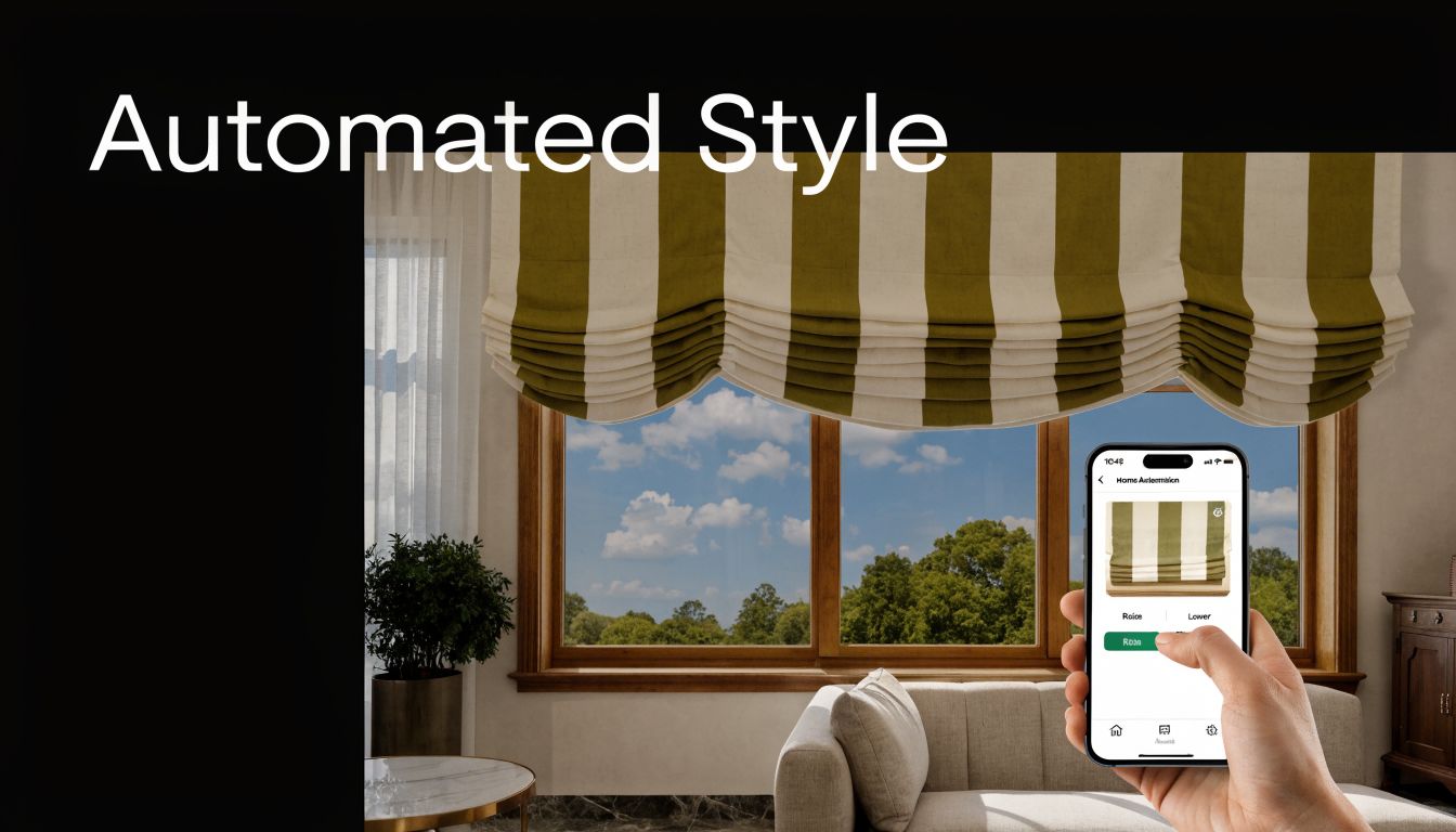 A hand holding a smartphone controlling motorized green and white striped Roman shades over a window.