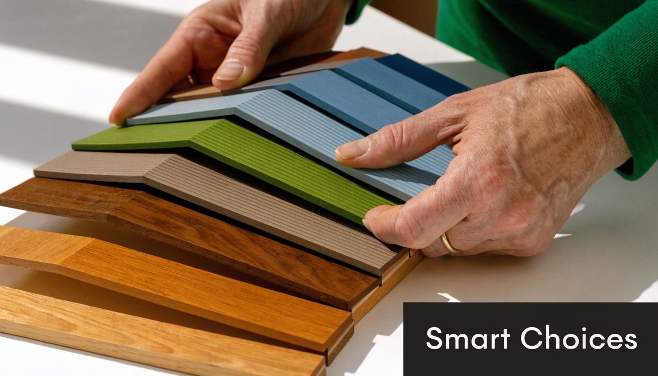 A pair of hands comparing various samples of wood and colored planks for home improvement projects.