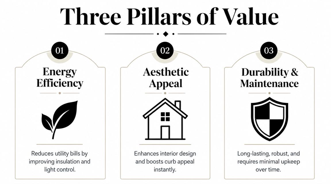 An infographic detailing the three value pillars of plantation shutters: energy efficiency, aesthetic appeal, and durability.