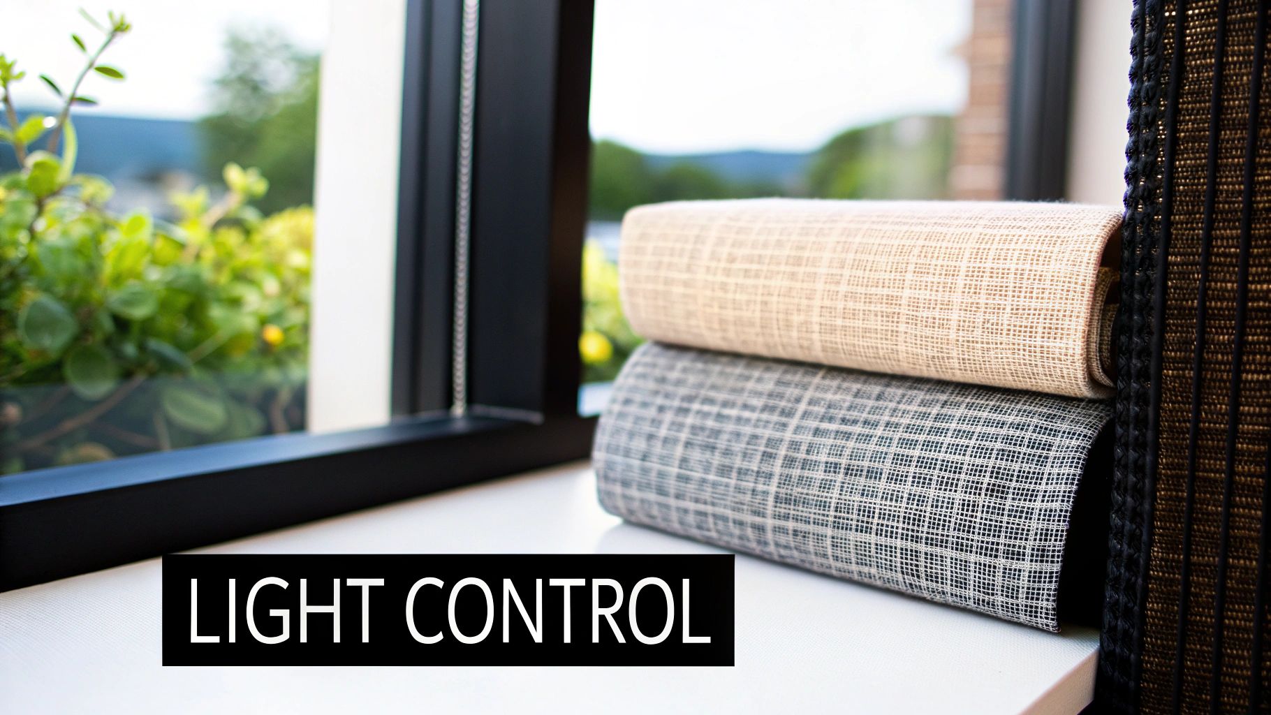 Two rolled fabric samples, one light beige and one grey, showcase different window shades for light control.