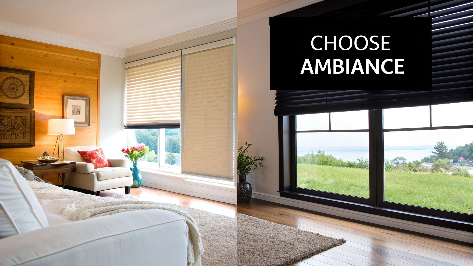 A split image contrasting light filtering shades in a bright room with dark blackout blinds in a dimmer setting, both overlooking scenic landscapes.