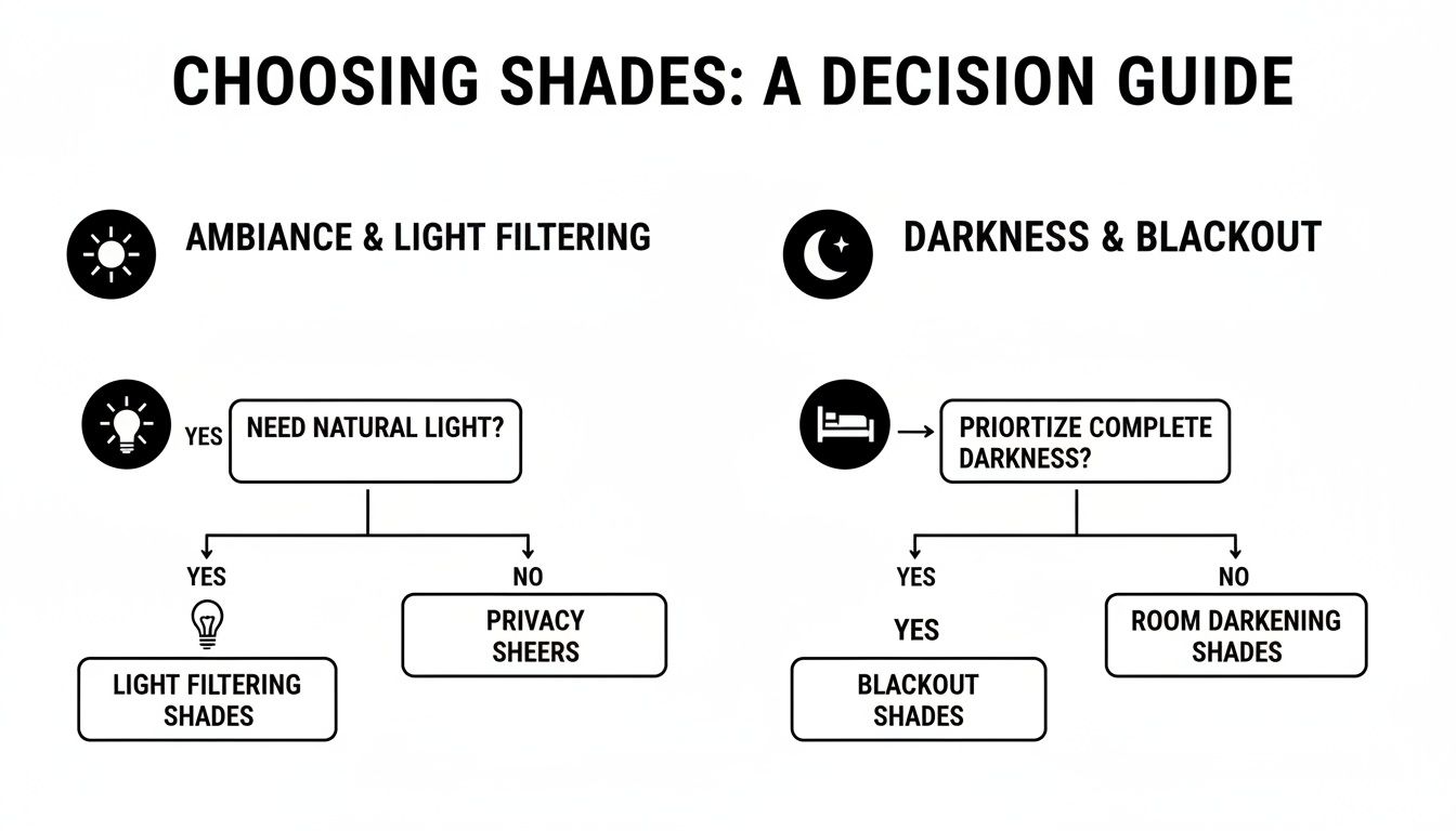 Decision guide flow chart on choosing window shades for light filtering, privacy, darkness, or blackout.