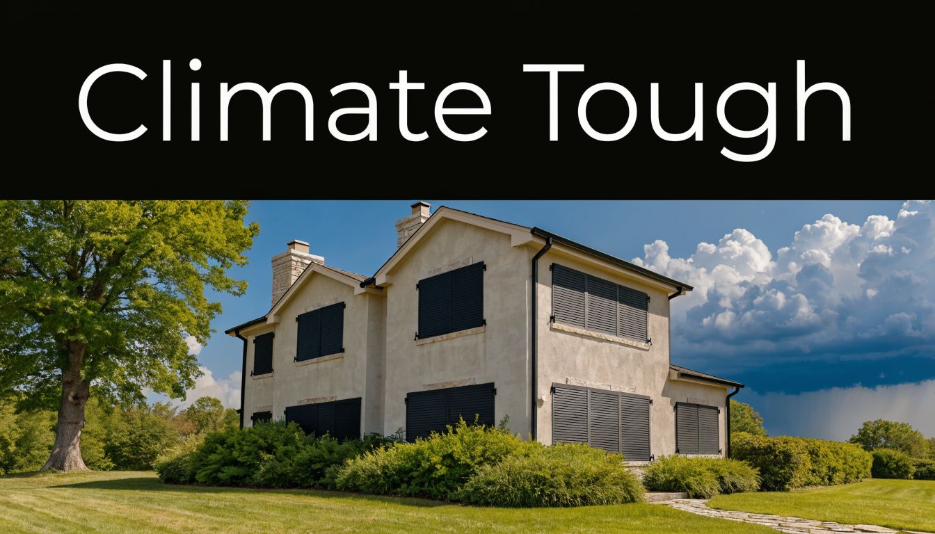 A beige two-story house with dark grey shutters installed on all windows, situated in a green lawn.