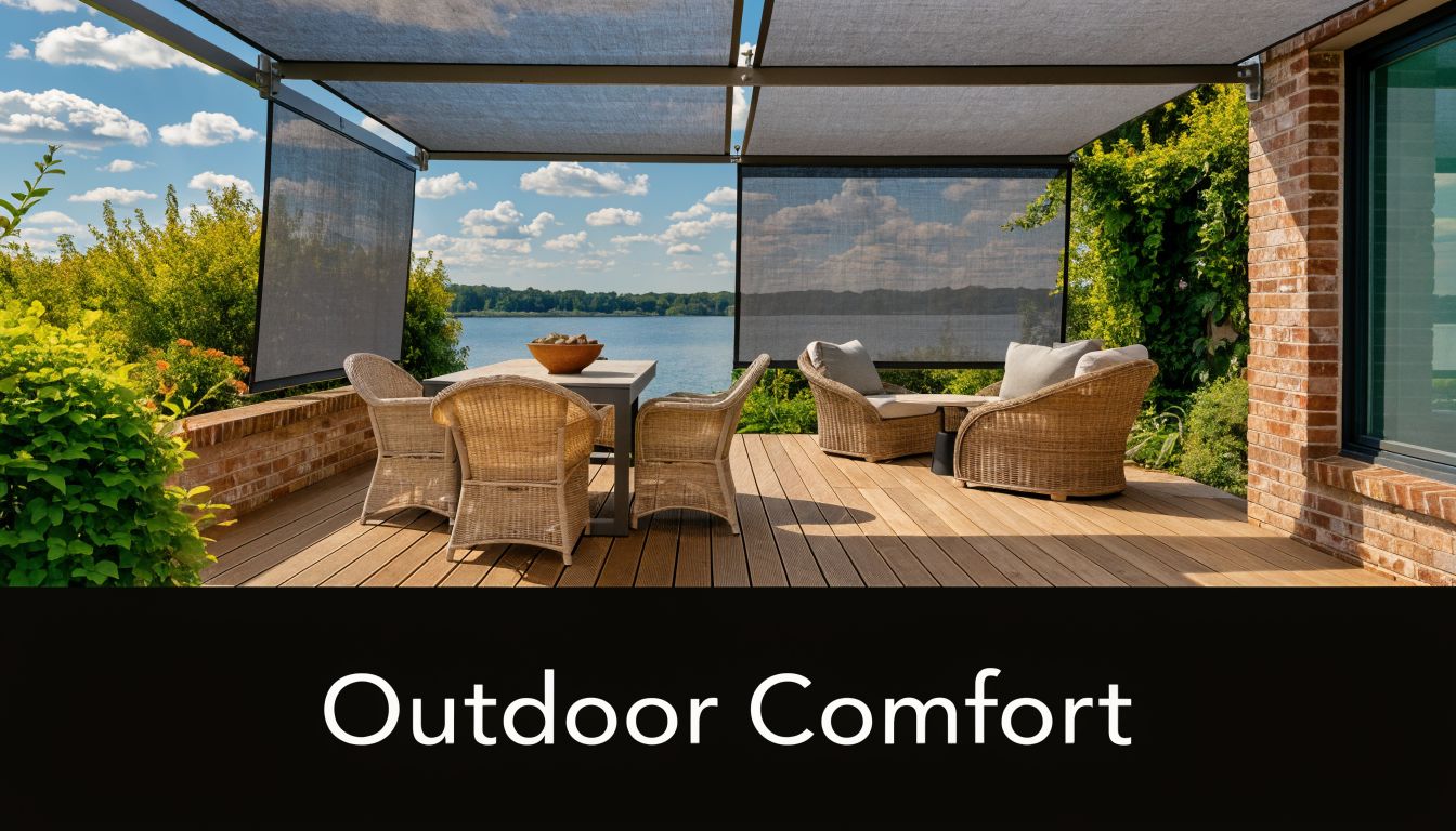A modern wooden deck patio featuring wicker furniture and retractable shades overlooking a scenic lake landscape.
