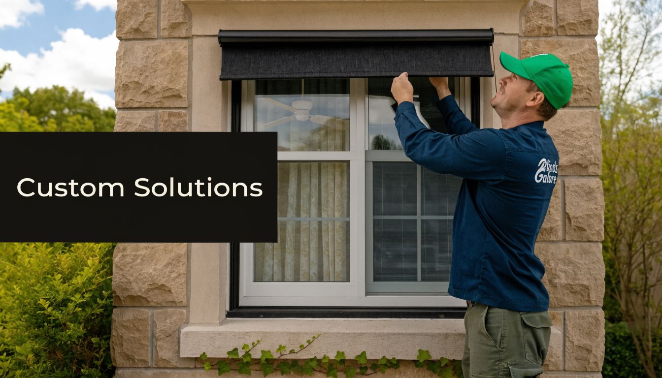 A professional installer in a green cap installs a dark outdoor roller shade on a stone house window.