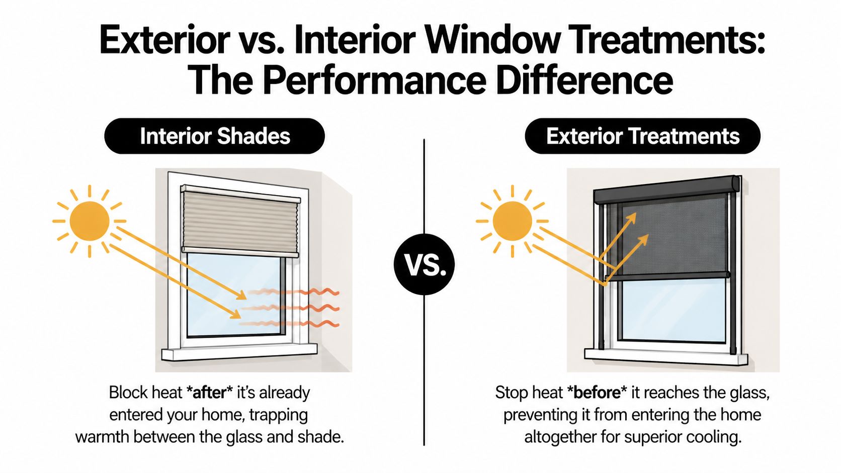 A diagram comparing interior shades and exterior window treatments showing how each blocks heat from entering homes.