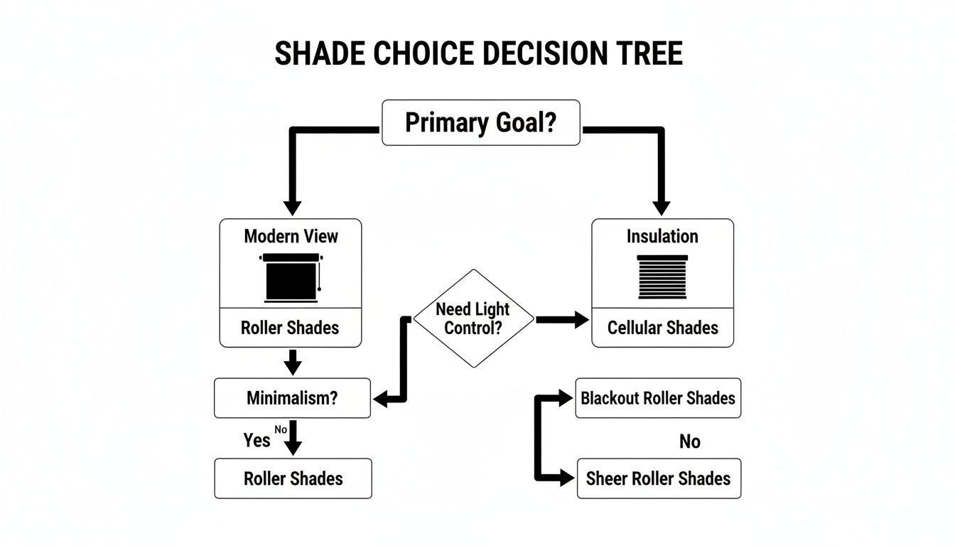 Decision tree guide for selecting window shades based on insulation, modern view, or light control.