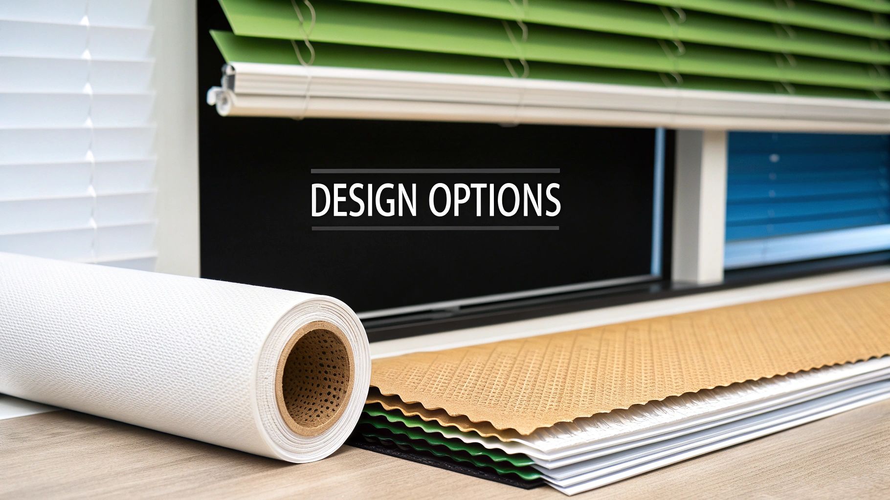 Various fabric samples, a roll of material, and blinds demonstrating design options for window treatments.