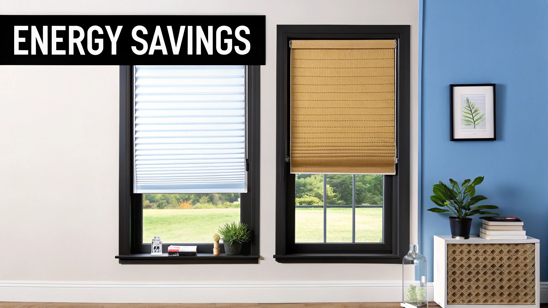 Two windows showcasing energy-saving shades: white cellular on the left, tan woven on the right, with a green view.