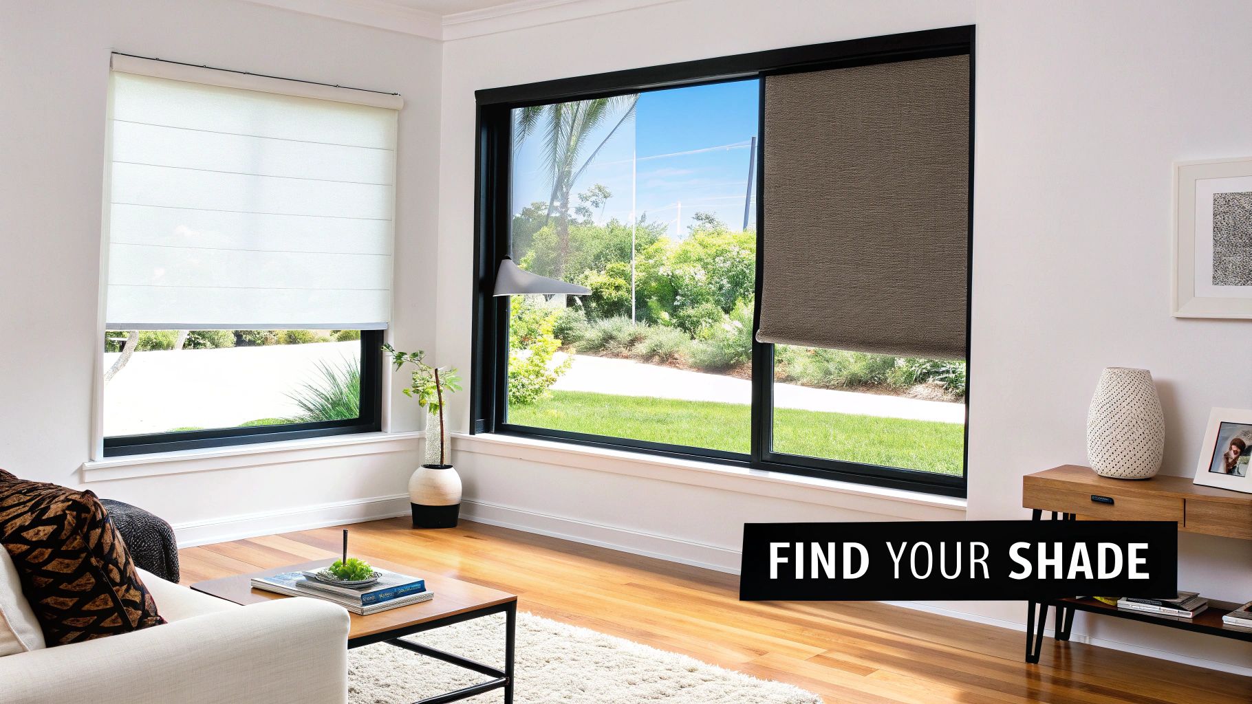 A bright living room featuring a white Roman shade and a brown roller shade on large windows overlooking a garden.