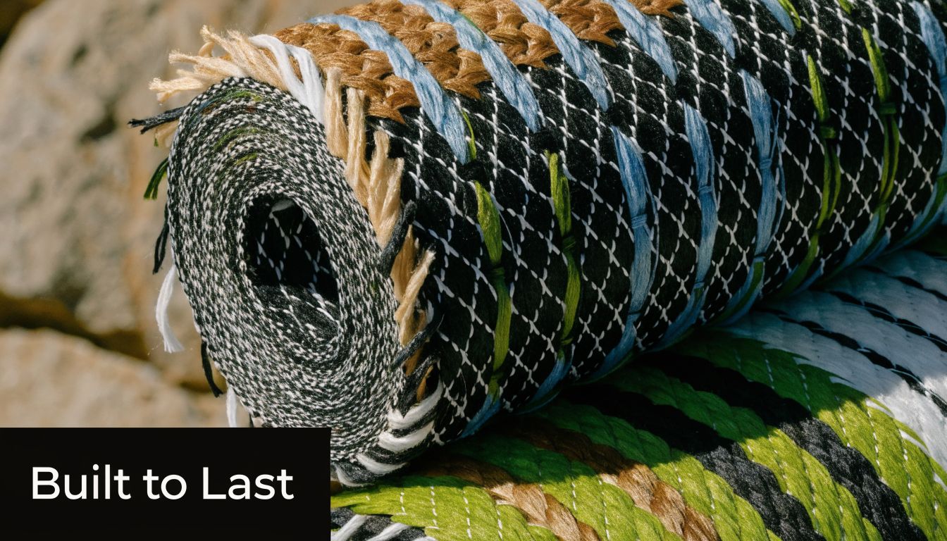 A close up view of durable, multi-colored braided fabric rolled up, showcasing texture and sturdy material construction.