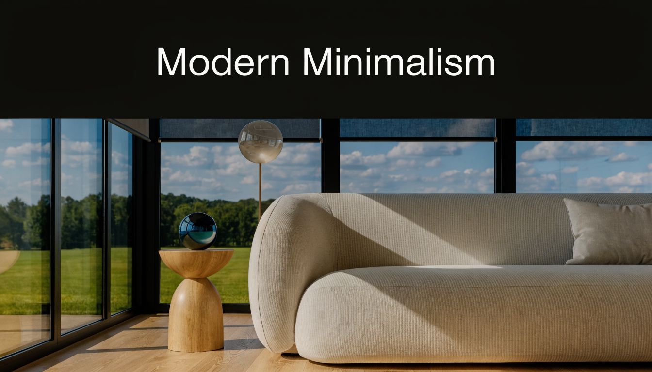 A modern minimalist living room featuring a curved sofa, wooden side table, and large window roller shades.