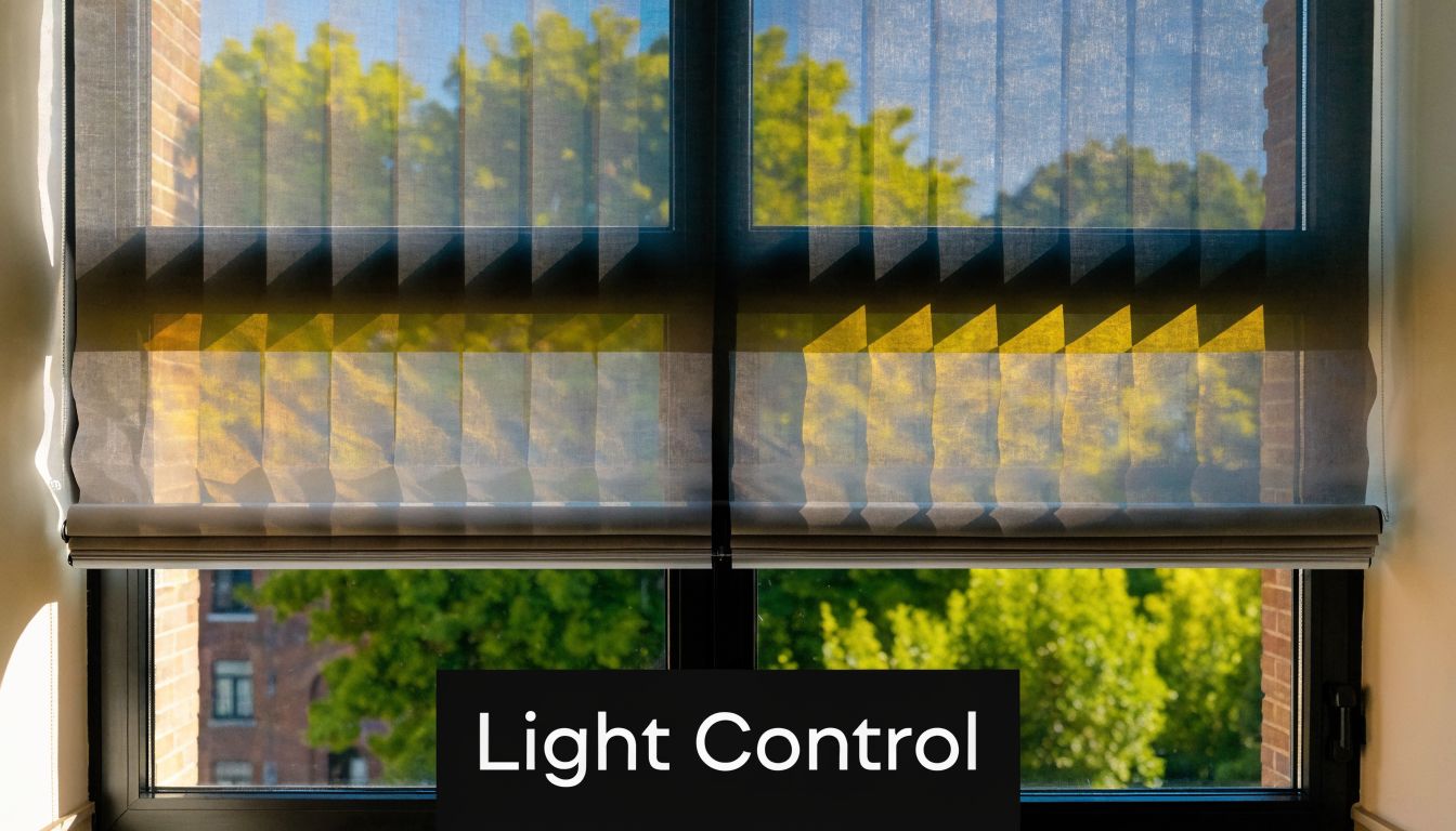 A view through window roller shades showing a bright sunny day with green trees outside.