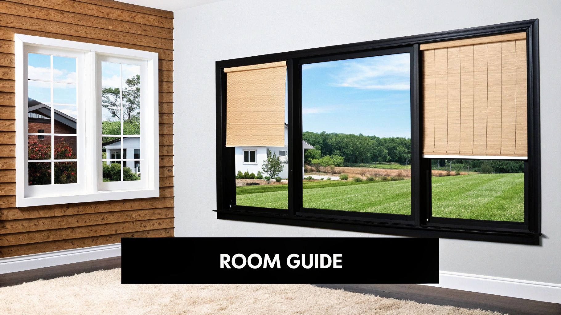 A room with two windows, one white-framed on wood wall, the other with light roller shades.