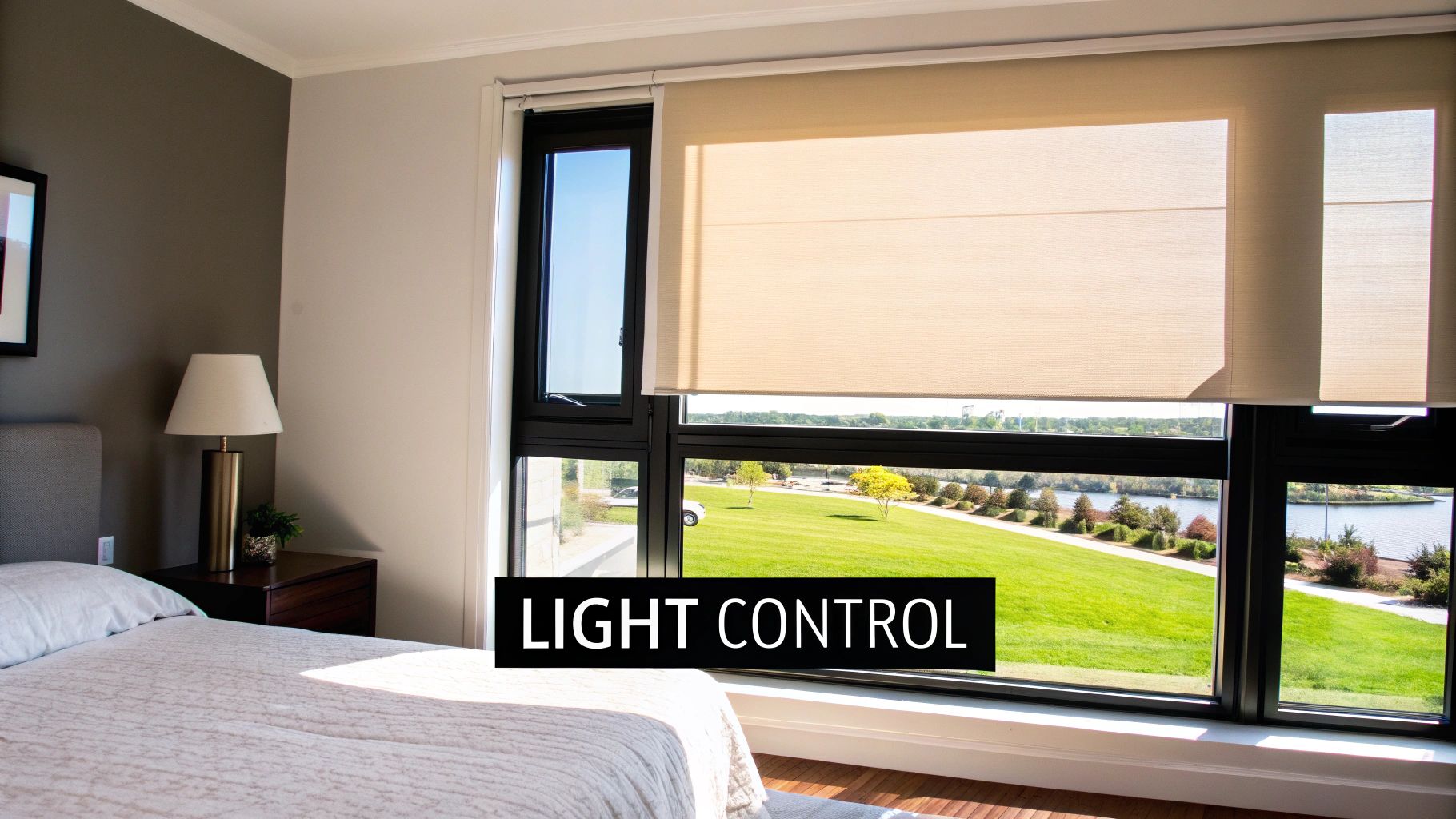 A bedroom with large windows featuring beige roller shades providing light control and a scenic view.