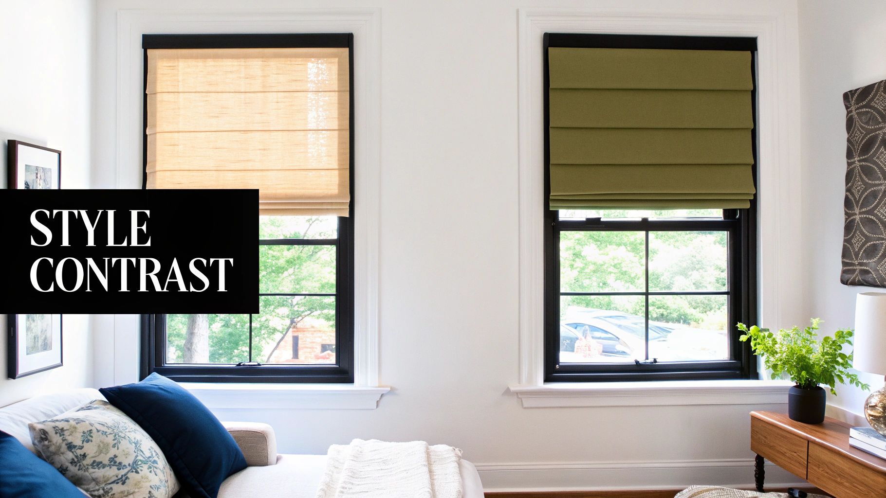 Two windows feature contrasting roman shades, one light beige and one olive green, in a modern room.