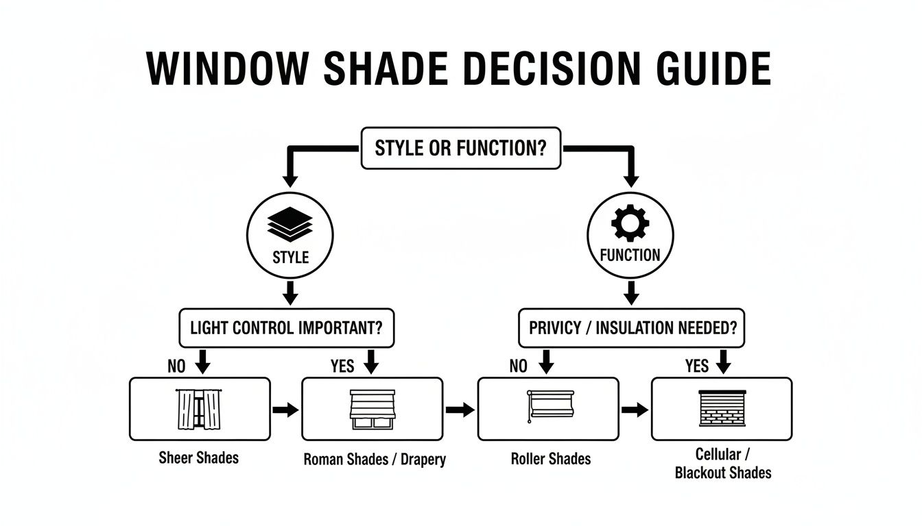 A flowchart decision guide for choosing window shades based on style, light control, function, privacy, and insulation needs.