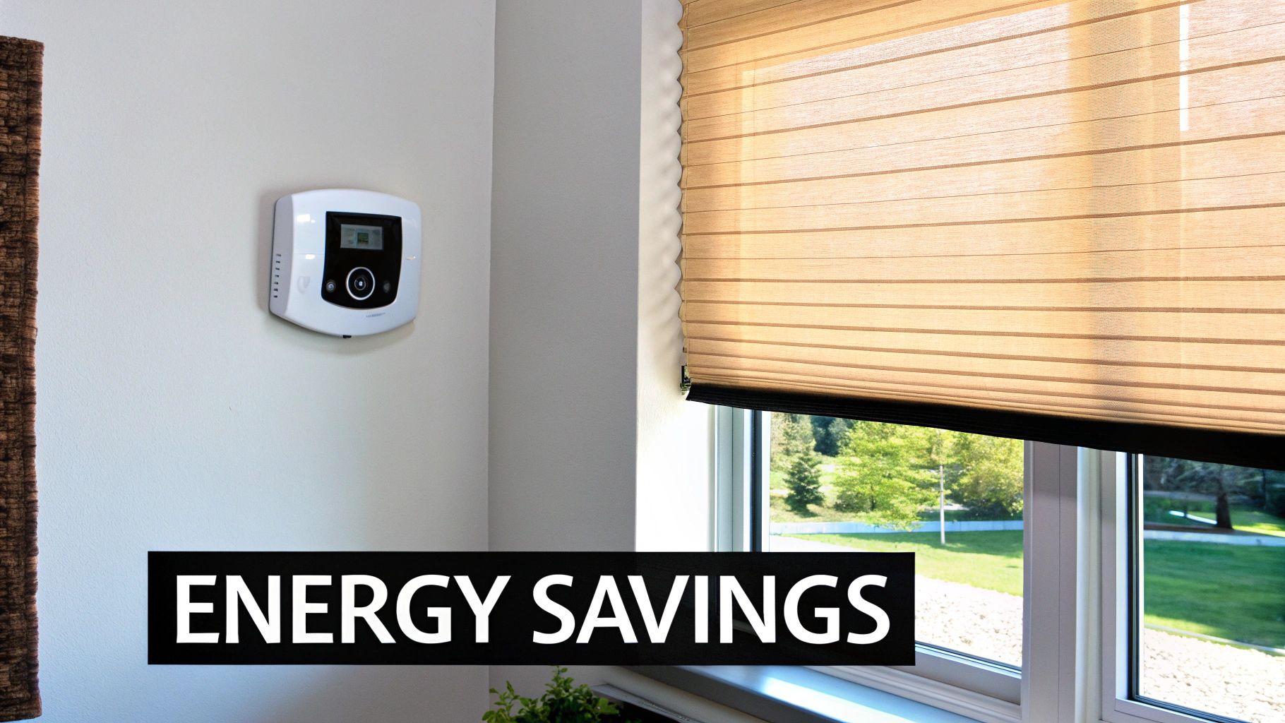 A room features beige honeycomb window shades and a smart control panel, emphasizing energy savings.