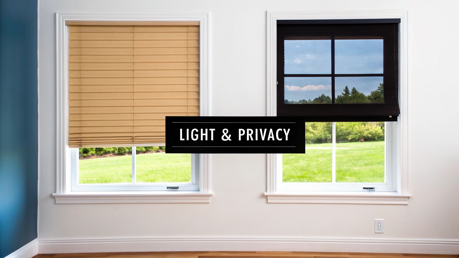 Two windows with light brown and dark honeycomb shades demonstrating light and privacy options.