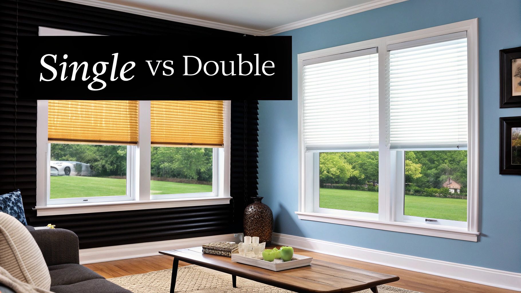 Two windows comparing single and double cell honeycomb shades, yellow on left and white on right.