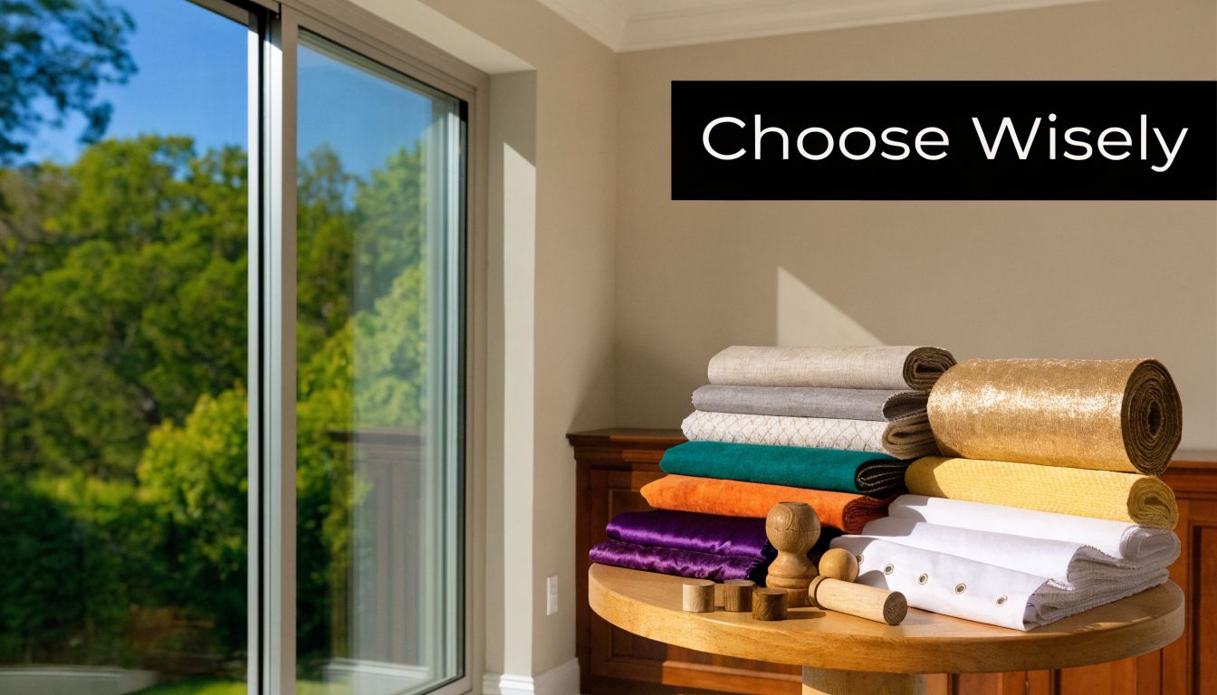 A round table displays various fabric swatches and curtain samples near a bright sliding glass window.