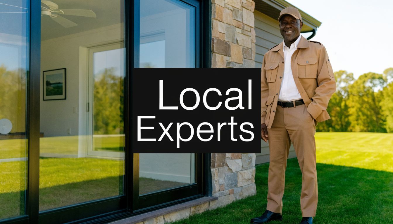 A professional man in tan clothing standing outside a modern house with large sliding glass doors.