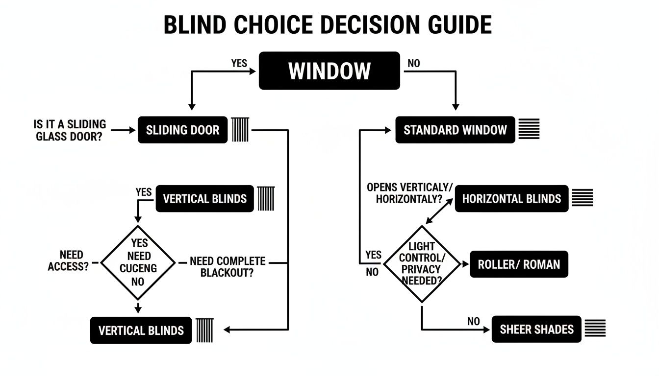 A decision guide flowchart for choosing the right window blinds or shades based on window type and needs.