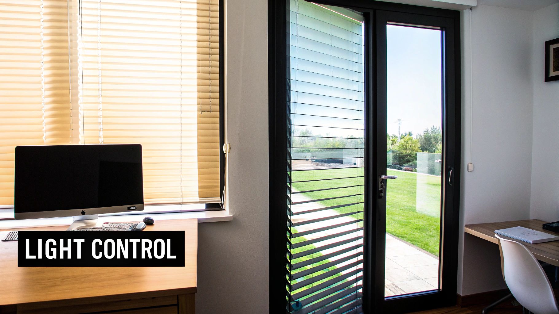 Interior room with horizontal blinds on a window and vertical blinds on a glass door, demonstrating light control.