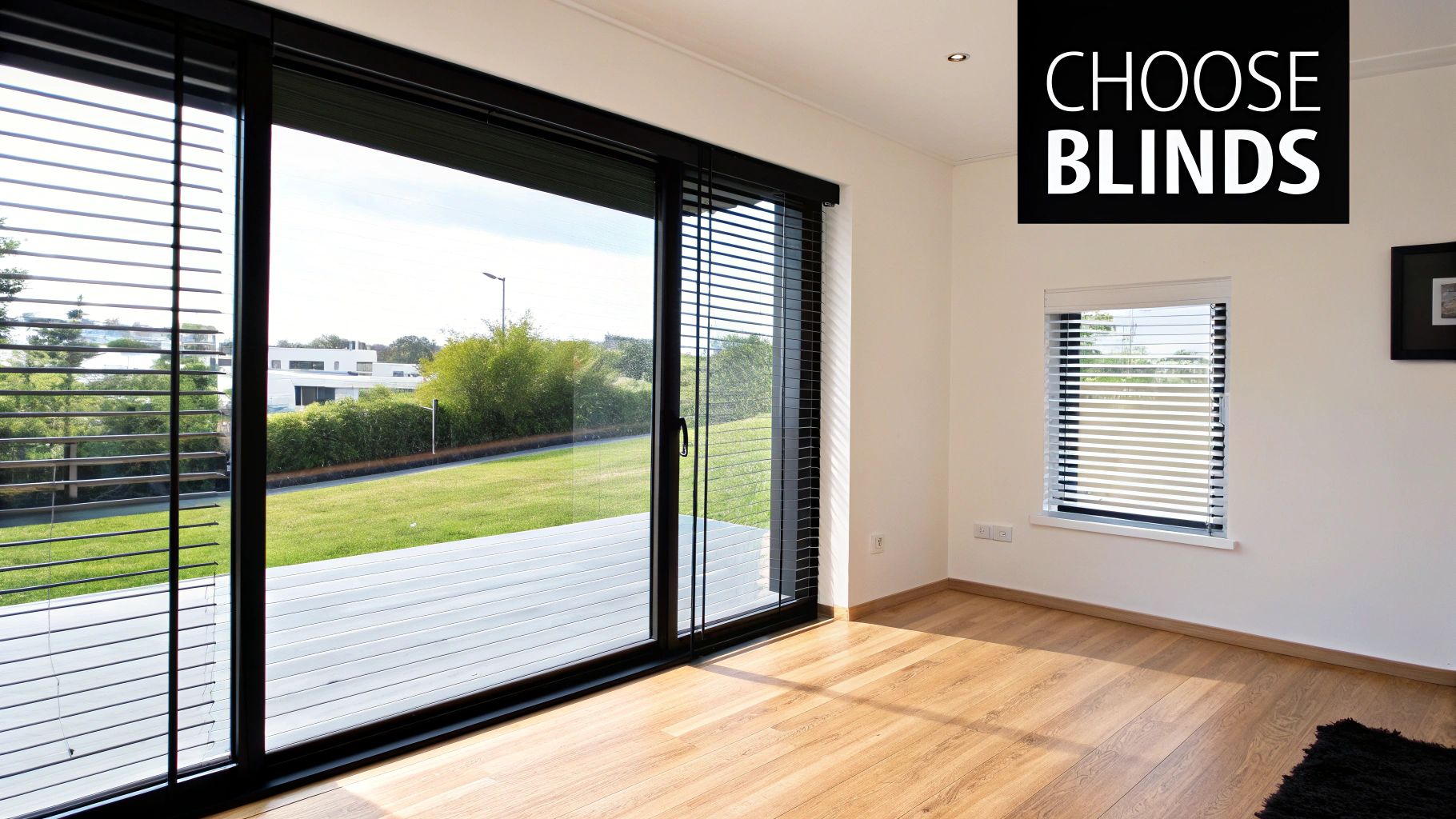 A bright, modern room featuring large sliding glass doors and a window, both with horizontal blinds, overlooking a green garden.