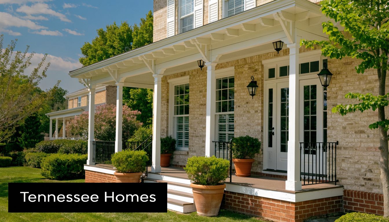 A charming brick house with a white front porch and traditional plantation shutters in a green setting.