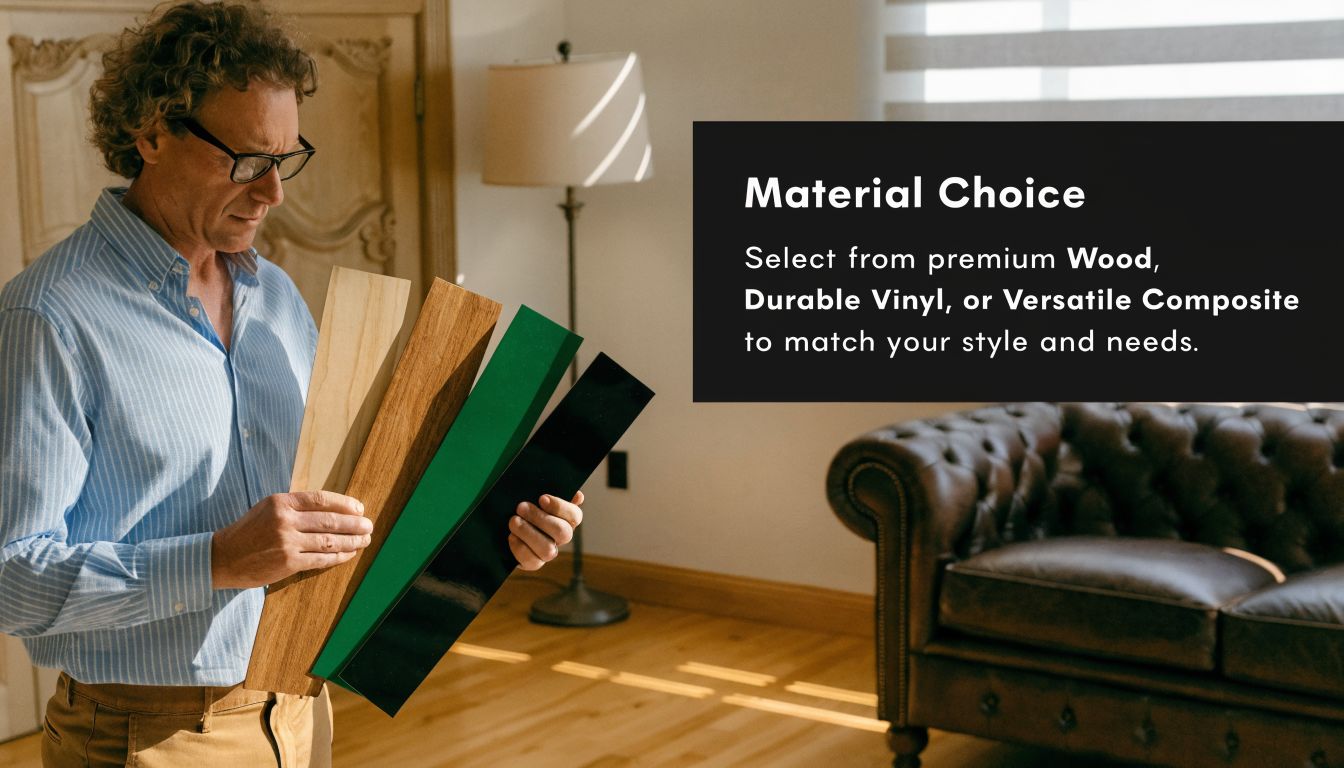 A man in a button-down shirt holding material samples for plantation shutters in a stylish living room.