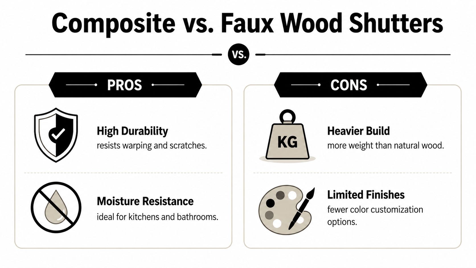 An infographic comparing the pros and cons of composite versus faux wood plantation shutters for home interiors.