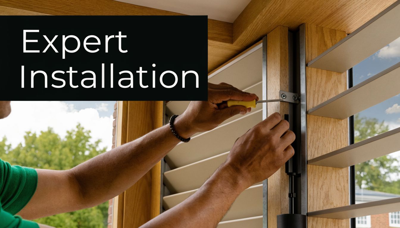 A professional technician carefully installing plantation shutters on a wooden window frame with a screwdriver.
